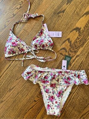 wild fable Floral Ruffle Triangle Bikini Set - White with Pink Floral